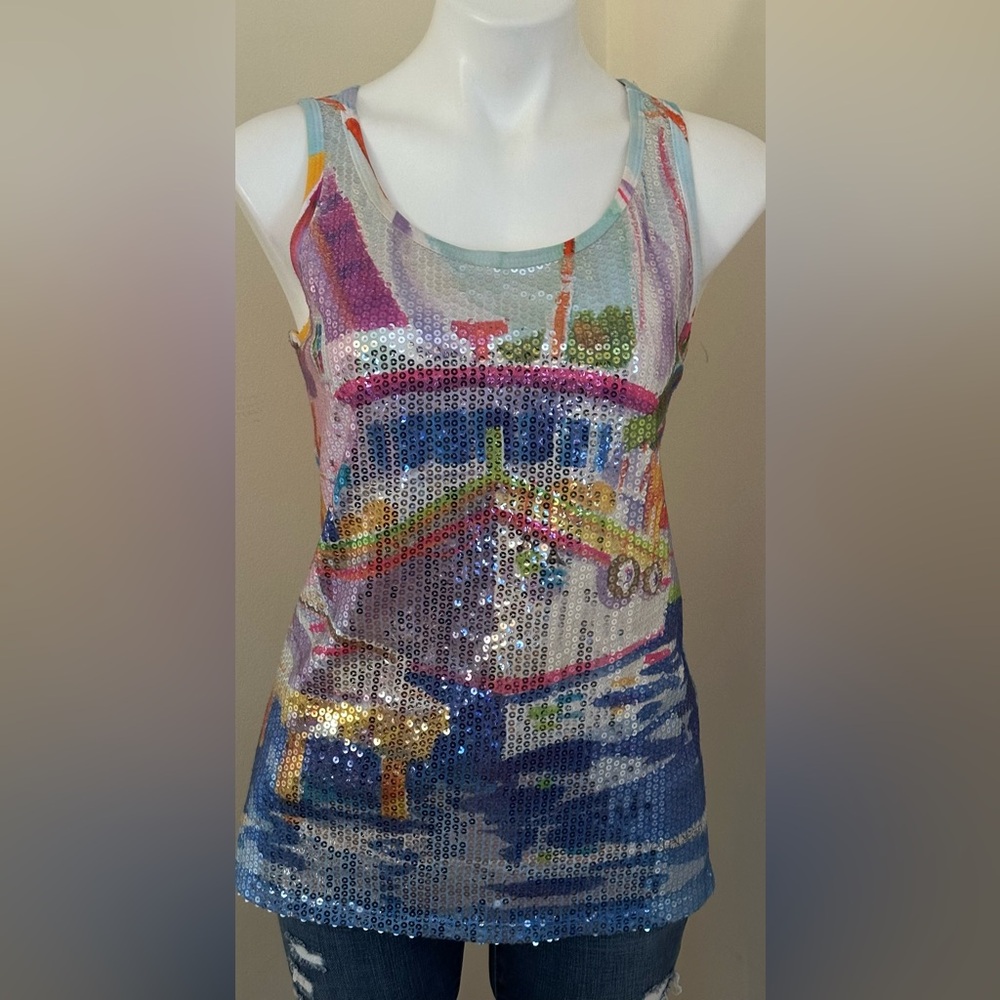 ELLEN NEGLEY ART & SOL Multicolor Front Sequin Boat Tank Top Sz XL